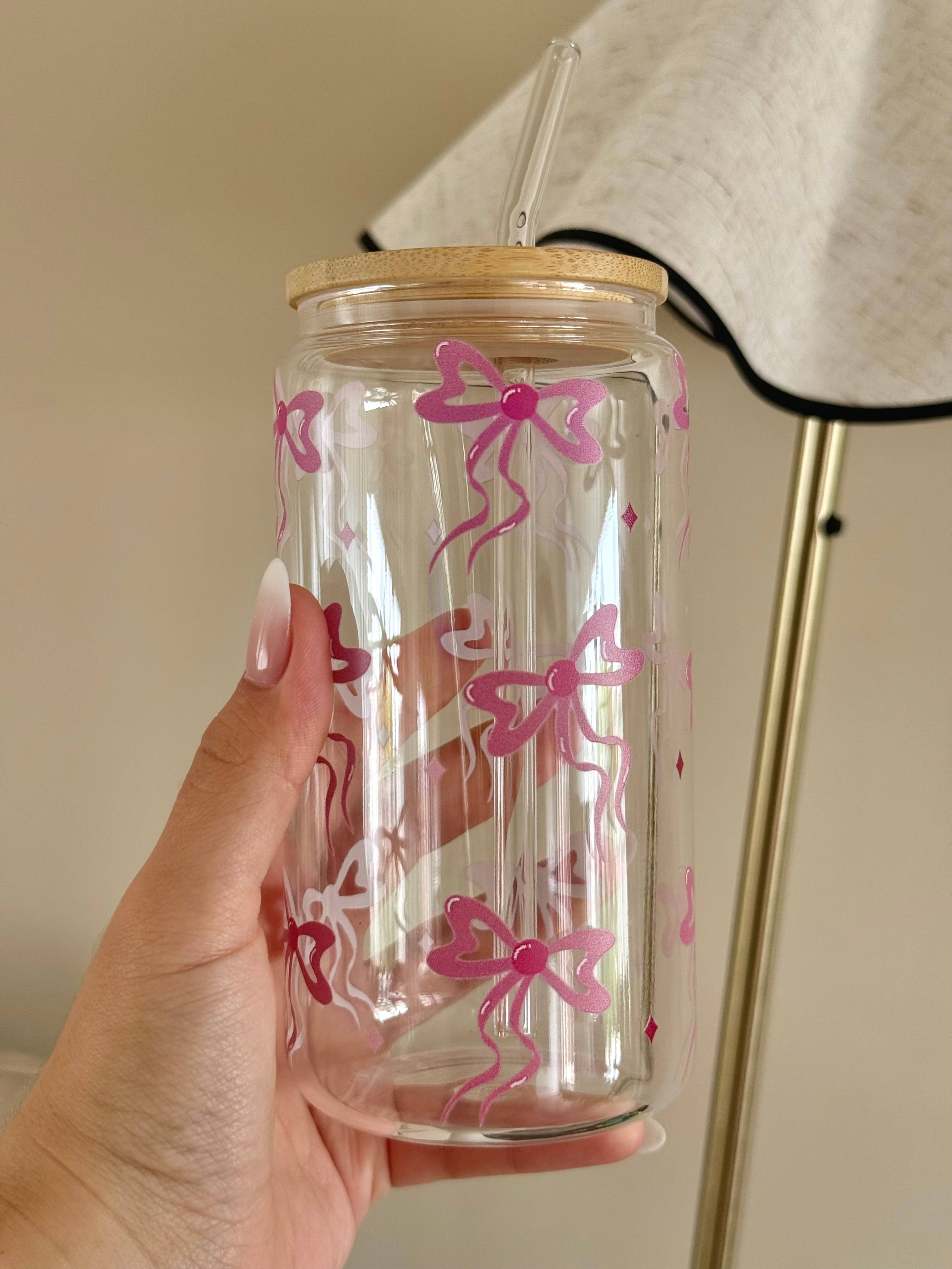 the cute cloud - Wholesale Drinking Glass/Cup - Glass Tumbler Pinky Bows Dishwasher Safe 550ml + Lid & Straw5