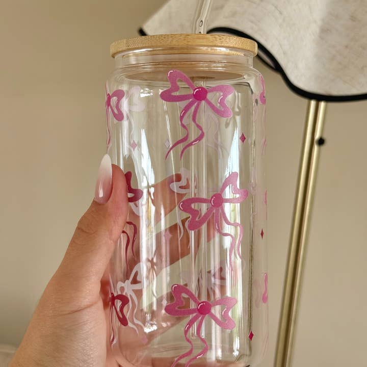 the cute cloud - Wholesale Drinking Glass/Cup - Glass Tumbler Pinky Bows Dishwasher Safe 550ml + Lid & Straw5