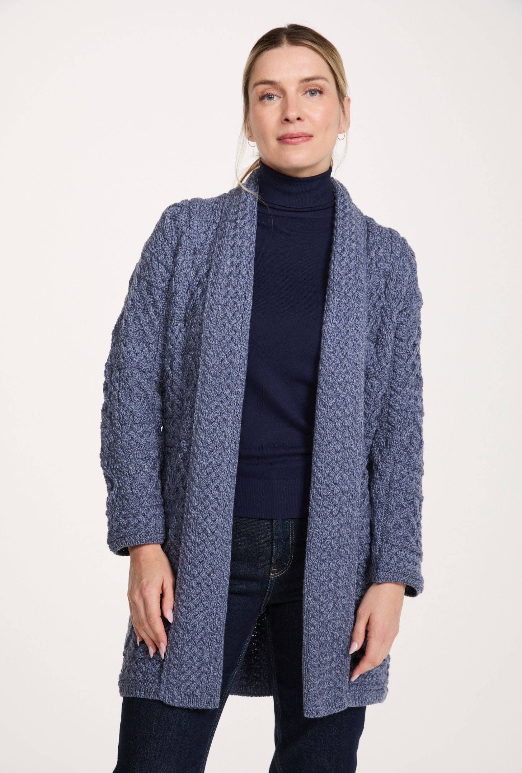 Aran Woollen Mills - Wholesale Cardigan - Women's - Tara Ladies Merino Aran Long Shawl Cardigan - Denim1