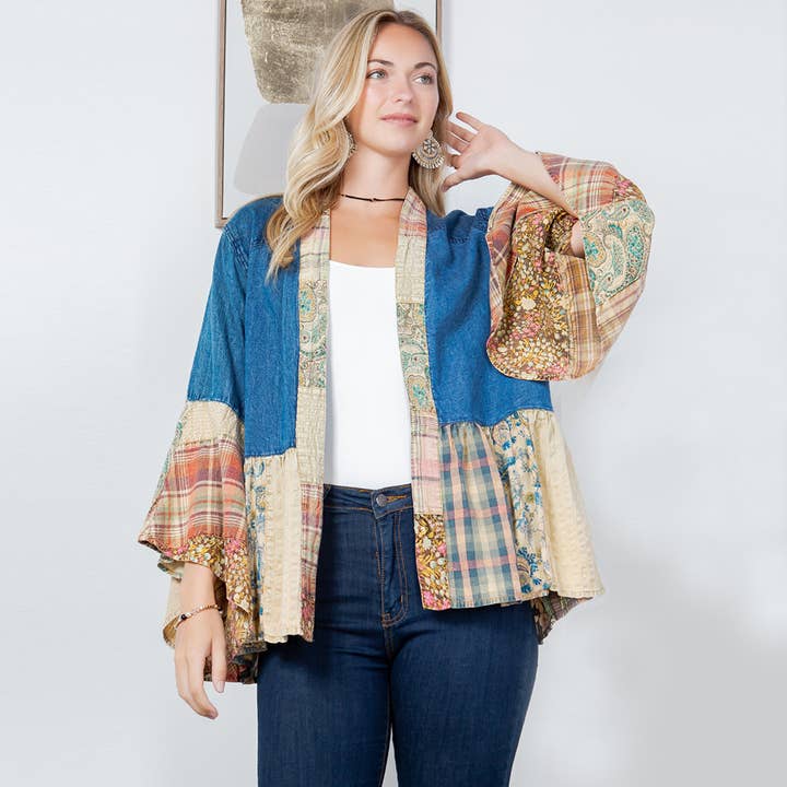 Young Threads - Wholesale Kimono - Women's - Western Boho Lace & Denim Patchwork Kimono Top NEW1