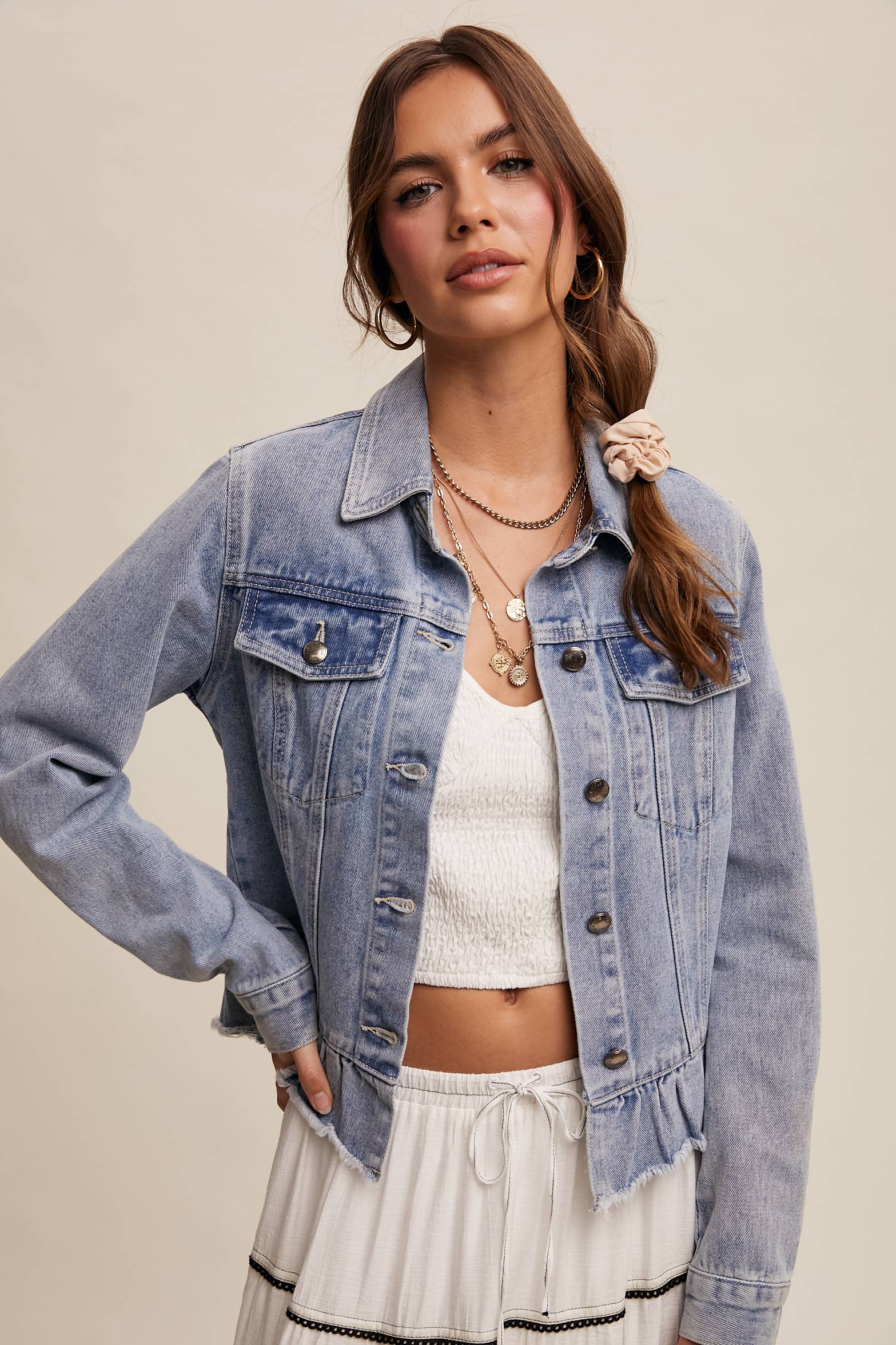 Listicle - Wholesale Denim Jacket - Women's - Ruffled Hem Denim Jacket LJ02364