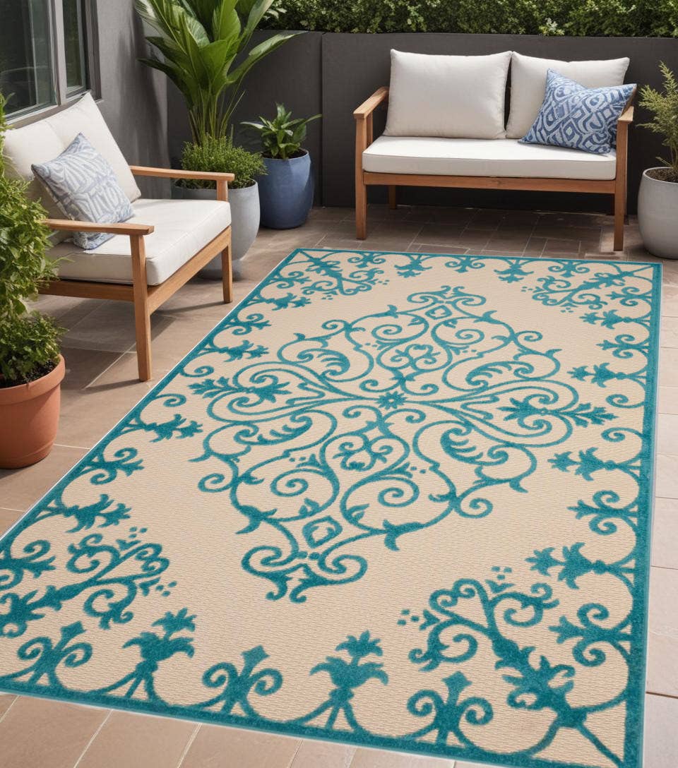 HomeRoots - Wholesale Area Rug - 4’ x 6’ Aqua Medallion Indoor Outdoor Area Rug0