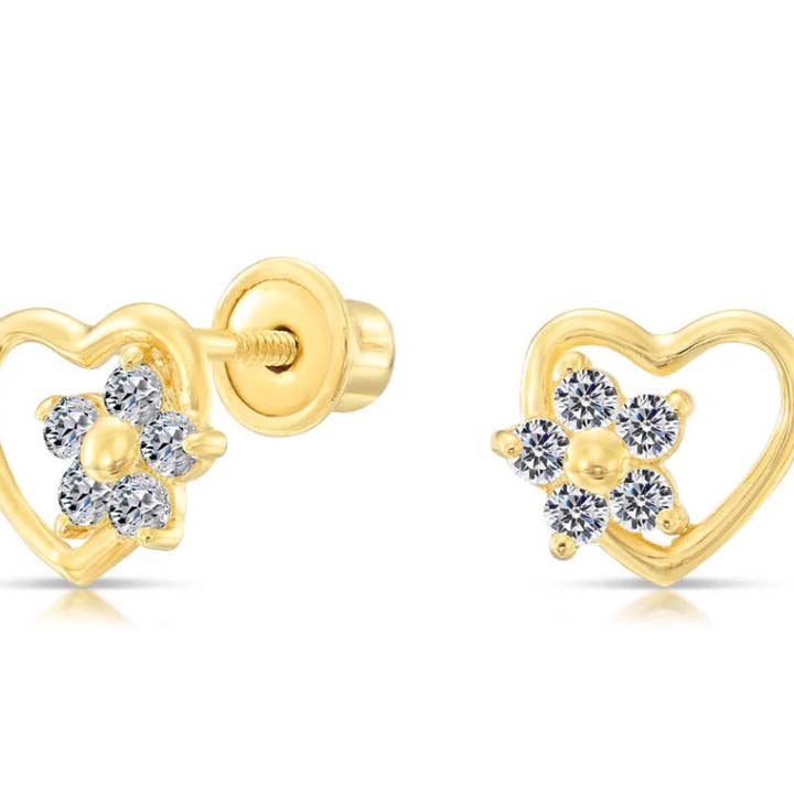 Aretes de oro amarillo de 10 quilates con forma de corazón y flor para venta al por mayor de Paris Jewelry