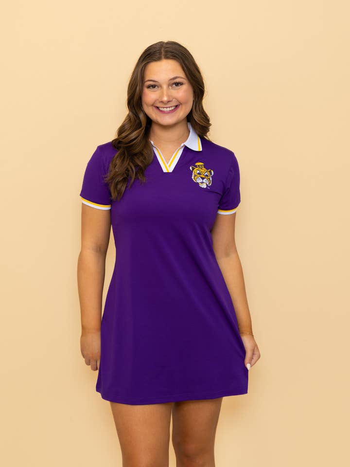 **PRE-ORDER ONLY** Wholesale | LSU Vintage Tiger (Licensed) | Women's Embroidery Polo Dress (Purple) for wholesale by BOMB DESIGNS