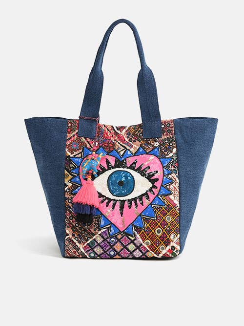 Watch Over Me Evil Eye Denim Tote for wholesale by America & Beyond