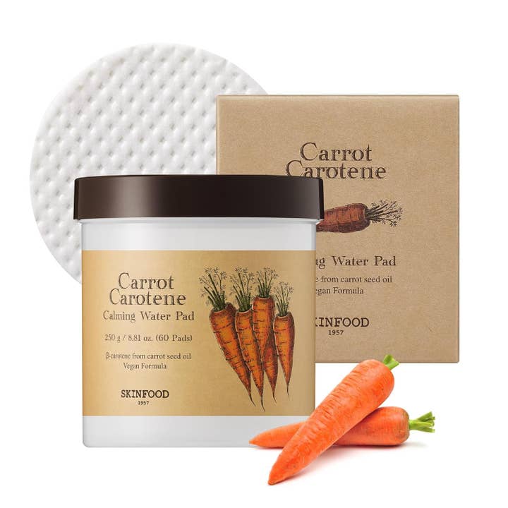 Tampon d'eau calmant à la carotte et au carotène SKINFOOD 250g/60 feuilles pour la vente par Glowiss