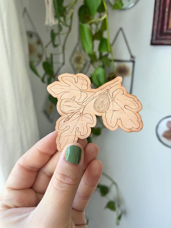 Fig Branch Wooden Sticker: Laser Engraved, Cherry Wood for wholesale by Owlhaired Designs