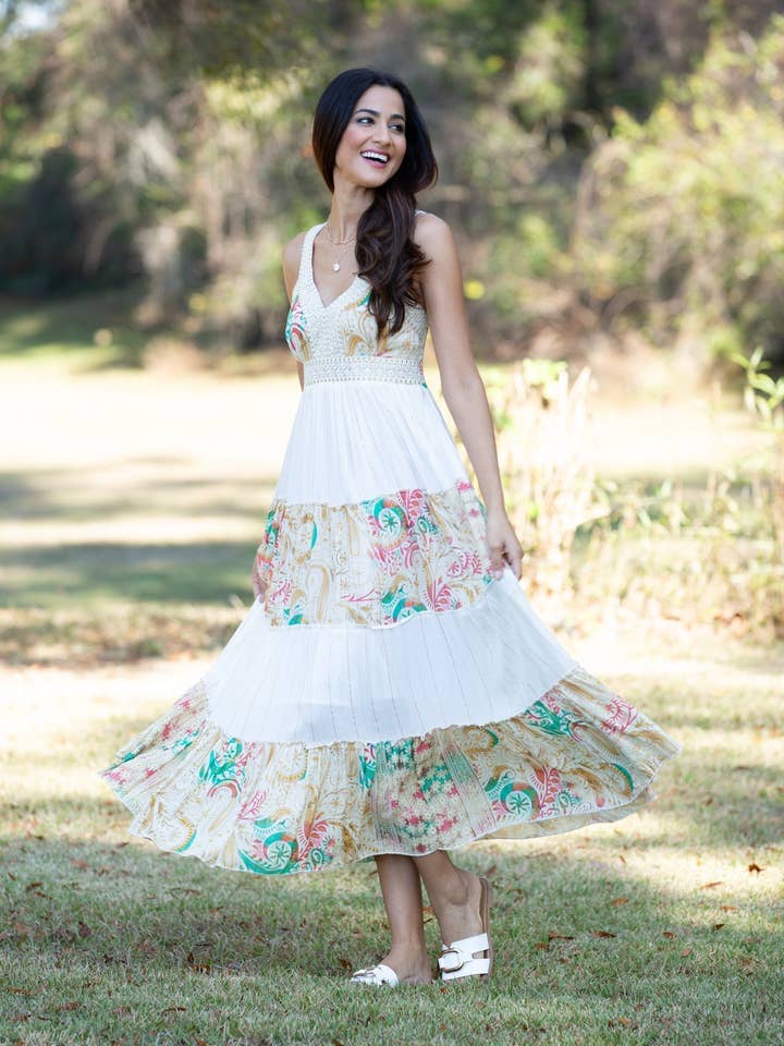 White Tiered Bohemian Maxi Dress for wholesale by Sacred Threads