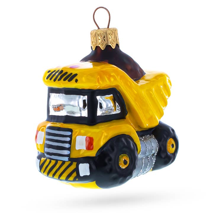 Yellow Dump Truck Glass Christmas Ornament for wholesale by BestPysanky