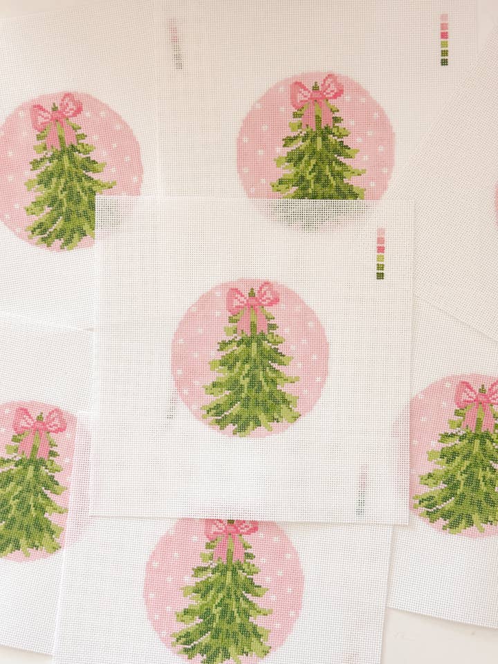 Hand Painted Bow Christmas Tree 4” Needlepoint Ornament Canvas 18 Mesh Christmas Needlepoint Ornament Bow Hand Painted for wholesale by Cotswold Co Designs