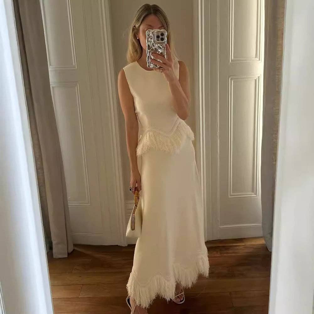 Cream White Elegant fringe dress set Autumn  winter nights for wholesale on Faire8