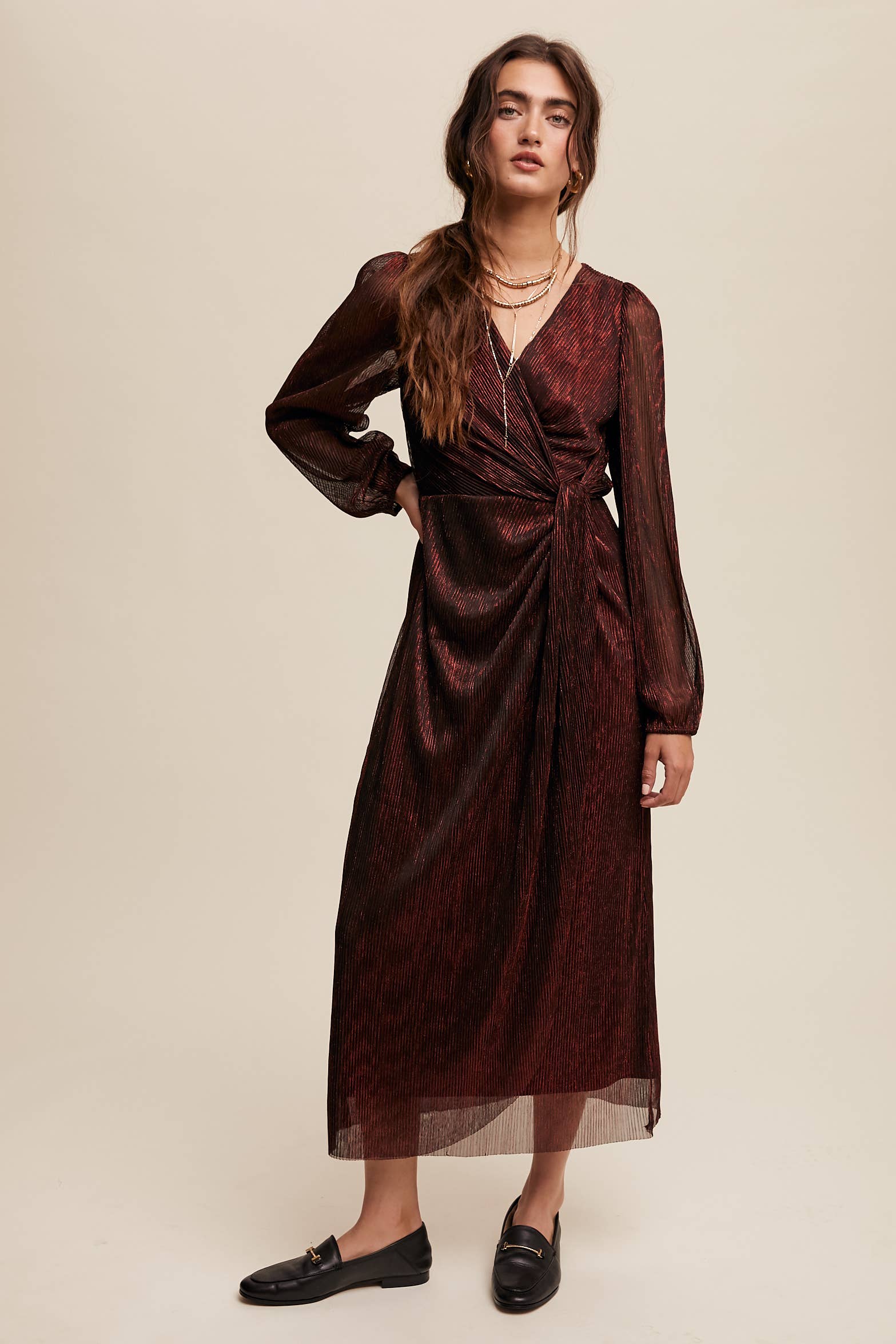 Listicle - Wholesale Jurk - Dames - Glanzende geplooide wikkel midi-jurk LD13223