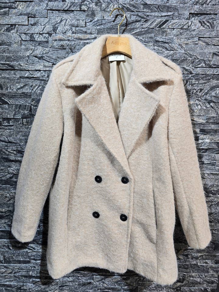 Short coat with buttons, shoulder pads, two pockets 24219 Beige for wholesale by Adilynn