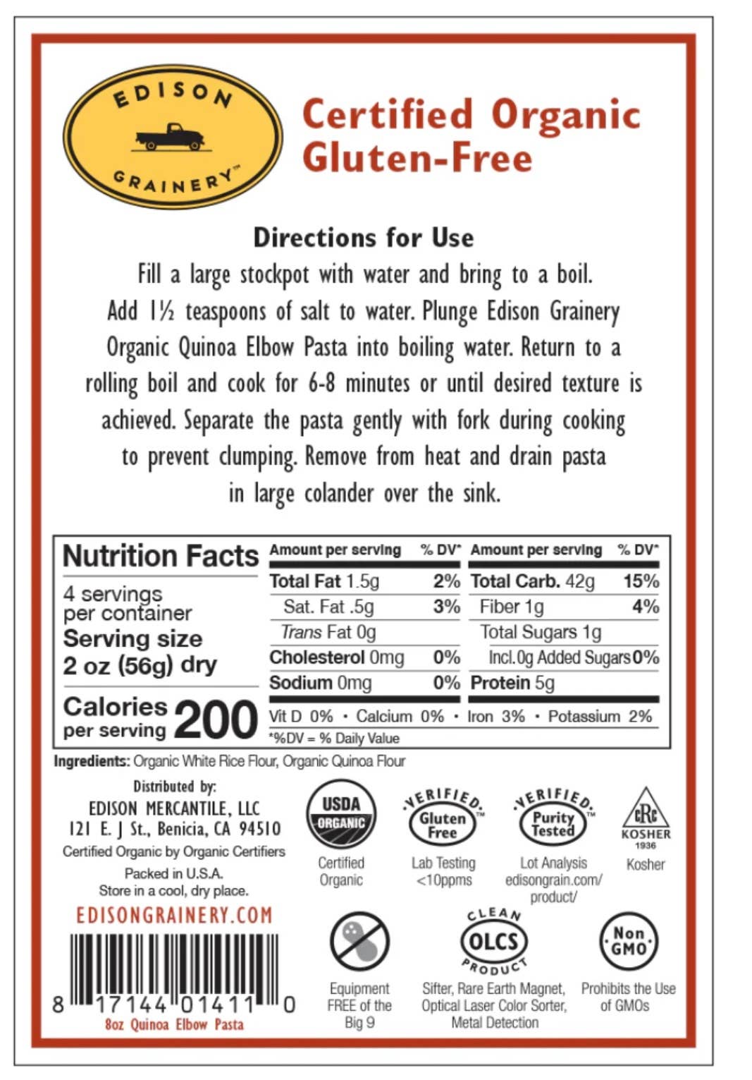 Edison Grainery - Wholesale Pasta - Edison Grainery Organic Quinoa Pasta Elbow 8 oz1