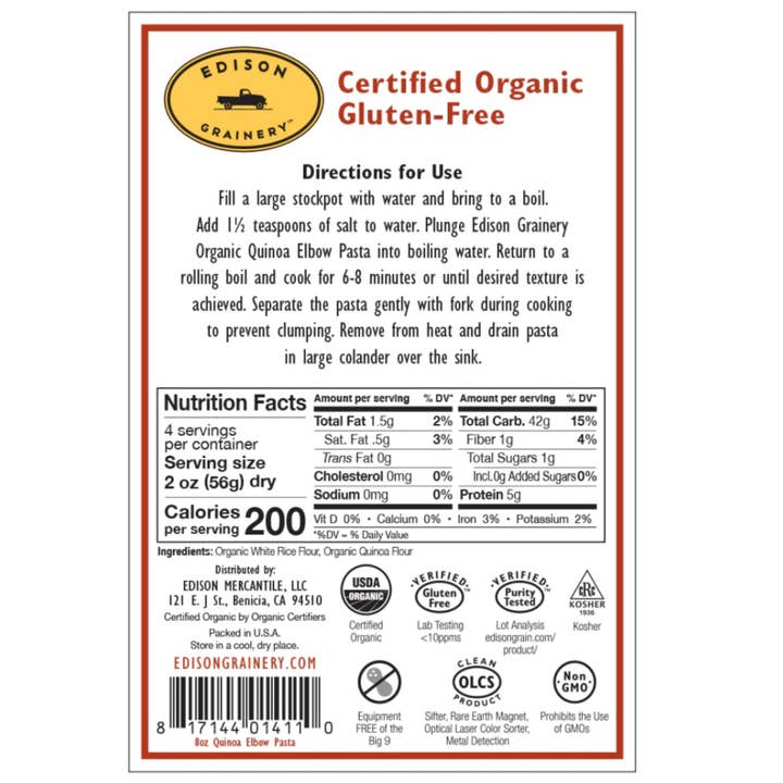 Edison Grainery - Wholesale Pasta - Edison Grainery Organic Quinoa Pasta Elbow 8 oz1