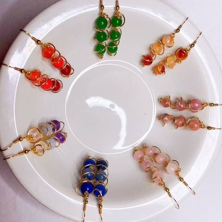 Colorful Gem Swirl - Wire Wrapped Semi-Precious Stones Dangle Earrings (Quartz and Agate Beads with Multiple Color Options Available) for wholesale by Linny’s Arsty Fingers LLC