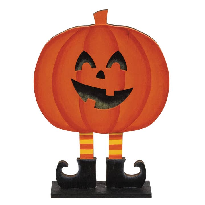Wooden Smiling Jack O Lantern In Boots on Base - 7.25"H for wholesale by The Hearthside Collection