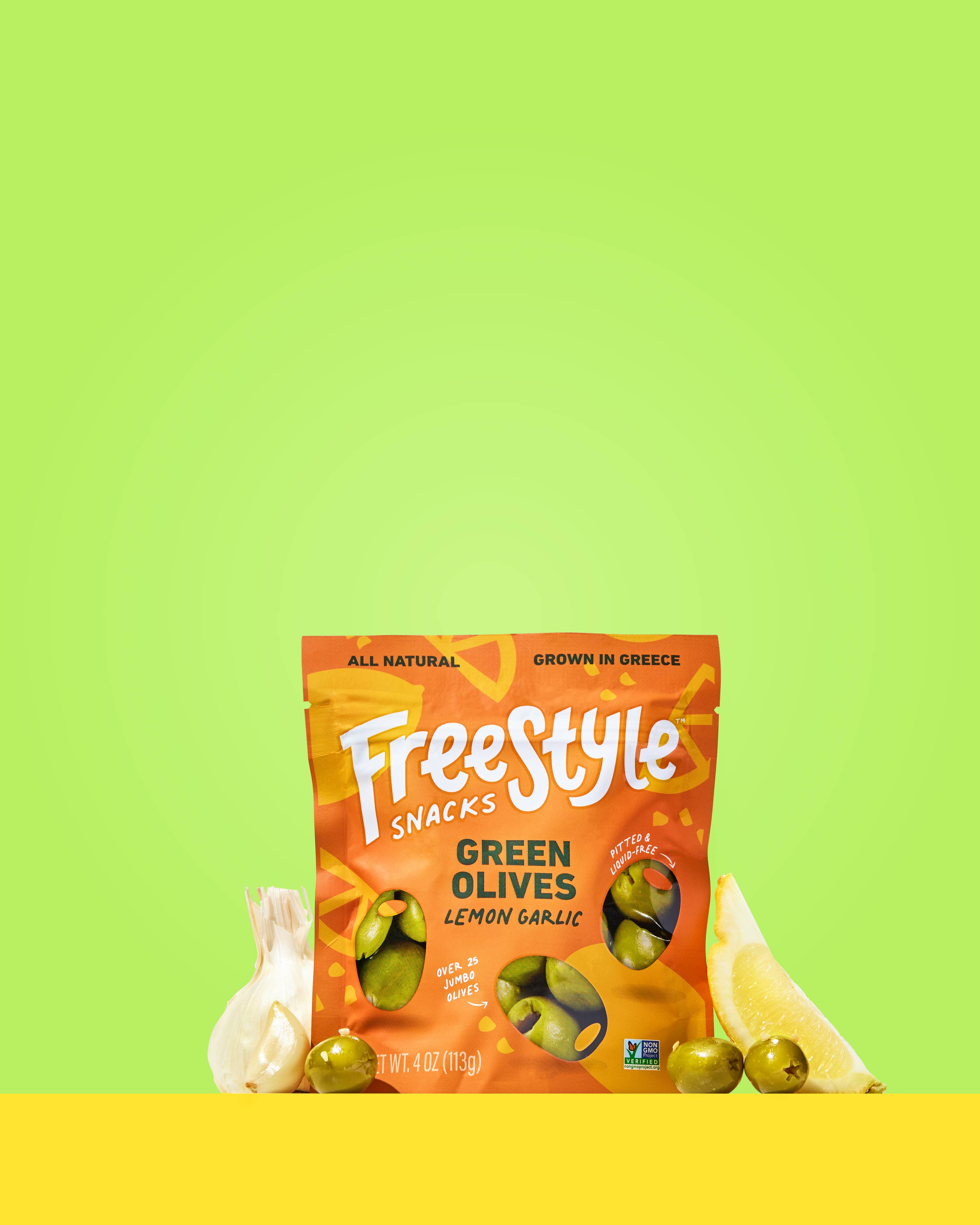 Freestyle Snacks - Vente Olives - Olives vertes - Citron et ail (paquet de 6)1