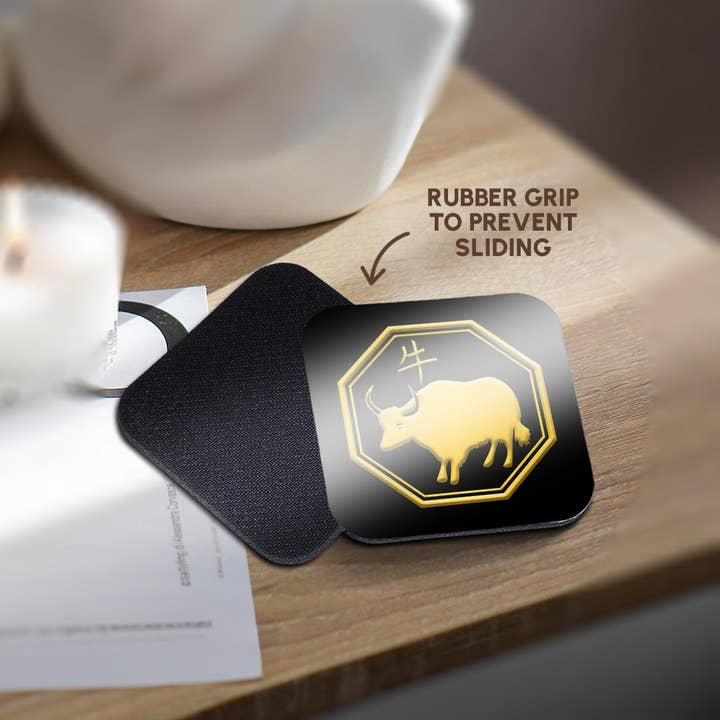 3dRose - Wholesale Coasters - 3dRose, Chinese zodiac symbols. Yellow on black image. The year of the ox, Coaster10