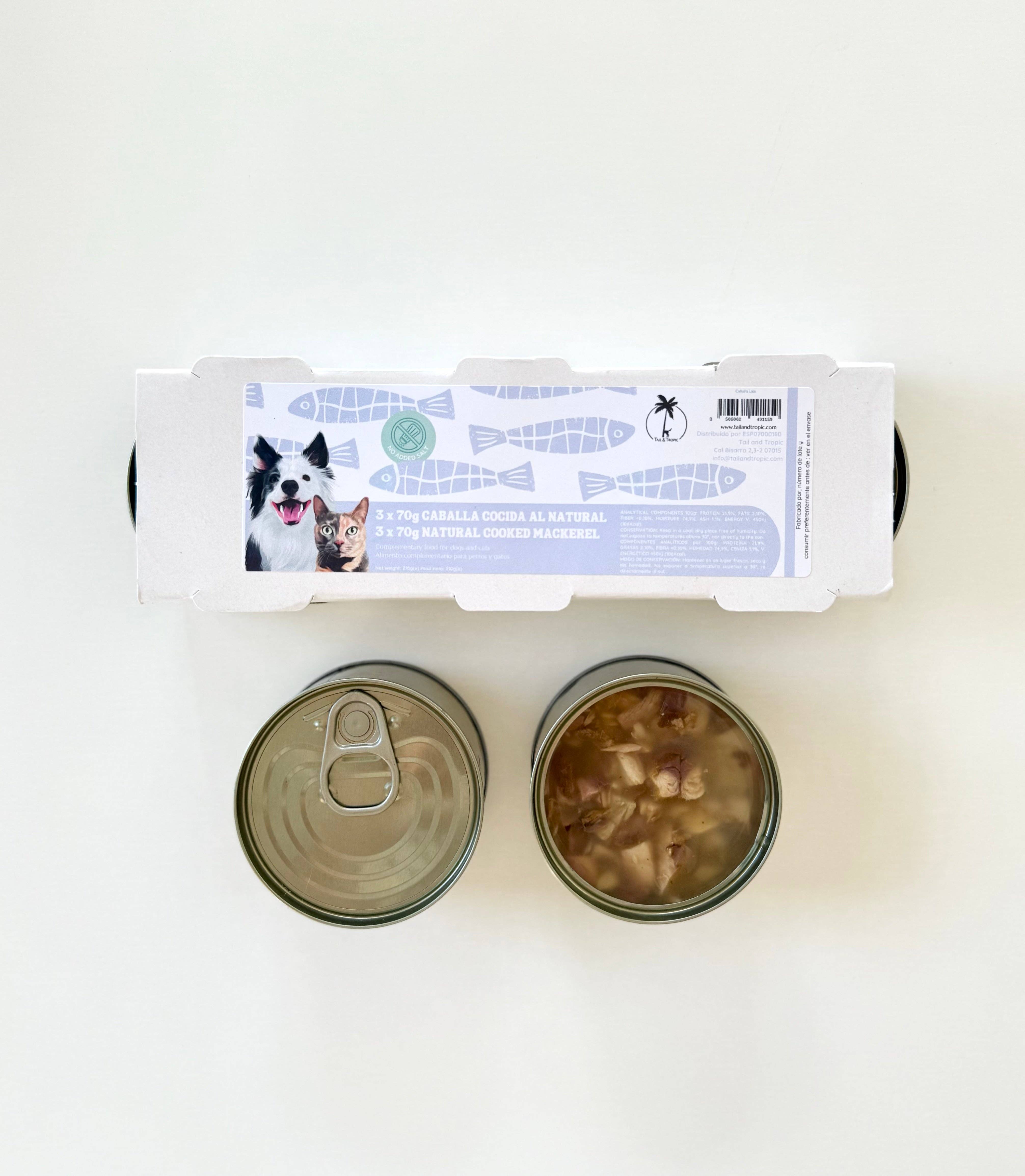 Tail and Tropic - Wholesale Pet Food - Dog - NATURAL COOKED MACKEREL TINS - 3x70g tins for dogs & cats - Tail & Tropic natural pet food