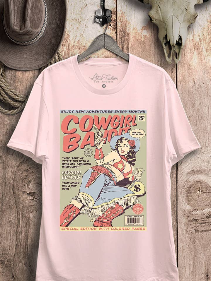 Lotus Fashion Collection - Wholesale Screen Printed T-Shirt - Women's - Cowgirl Bandit Western Comics Retro Graphic Top
