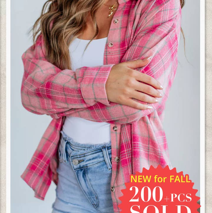 Sachet Pink Plaid Rounded Hem Long Sleeve Shirt for wholesale by Kustom Kreations Goods