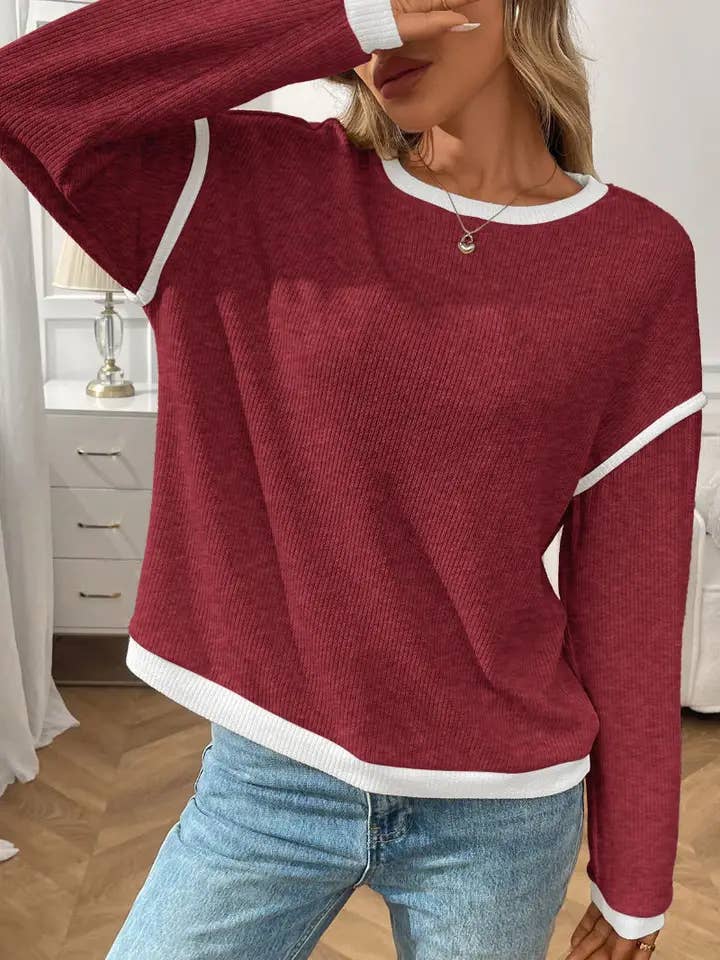 Burgundy Relaxed Fit Crewneck Knit Pullover for Casual Days for wholesale on Faire1