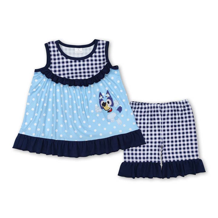 Blue sleeveless plaid dog tunic shorts girls clothes for wholesale by Yawoo Garments