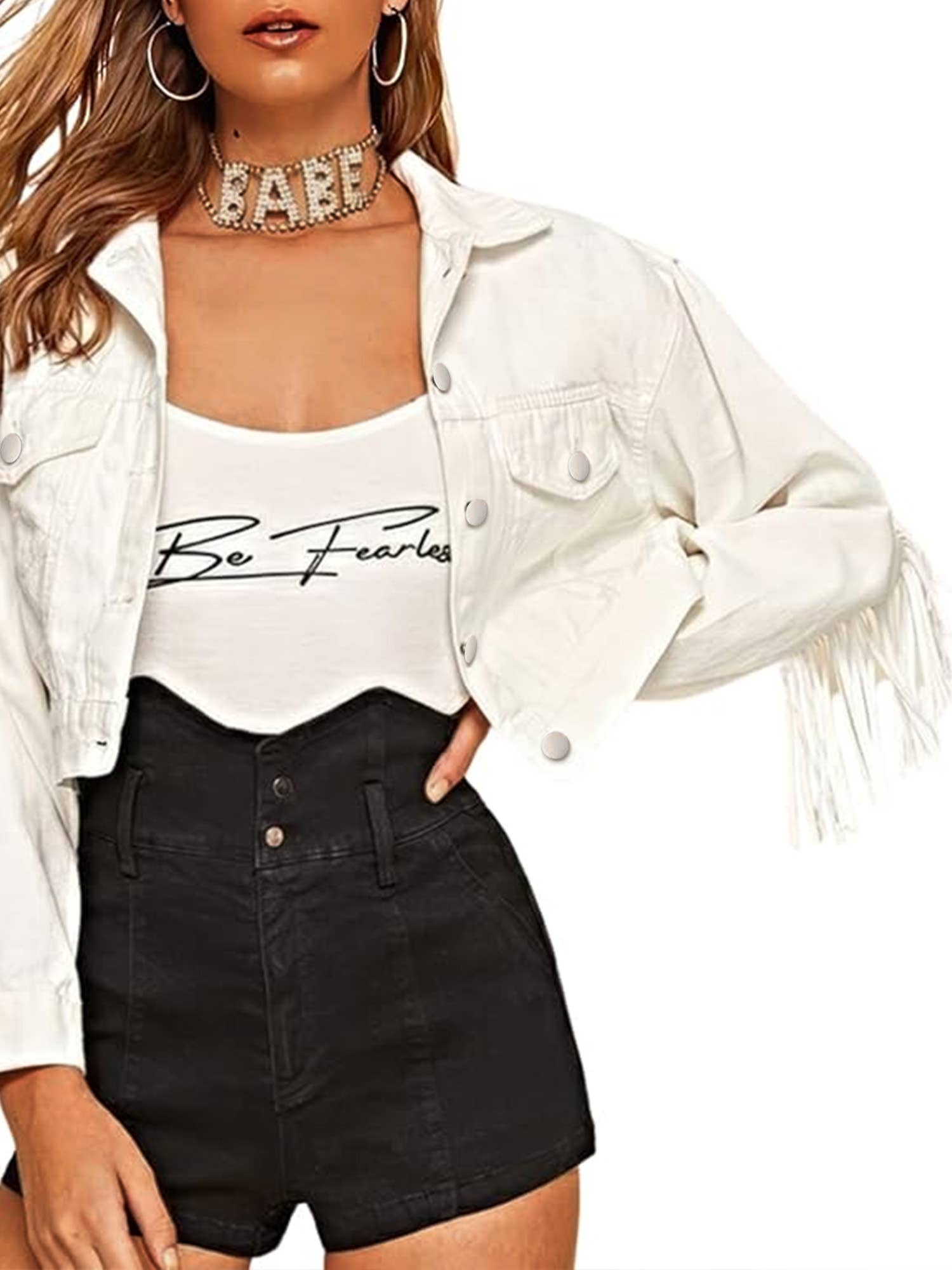 Women's White Fringe Cropped Denim Jacket for wholesale on Faire7