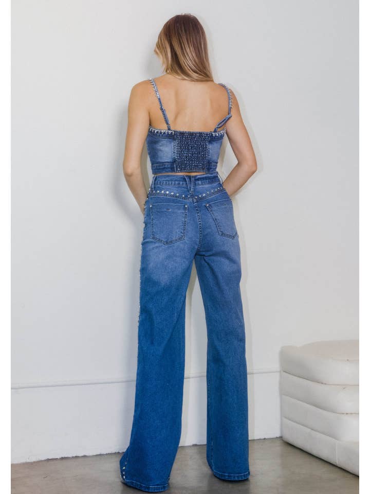 Medium Stone Rhinestone High-Rise Wide Leg Jeans for wholesale on Faire4