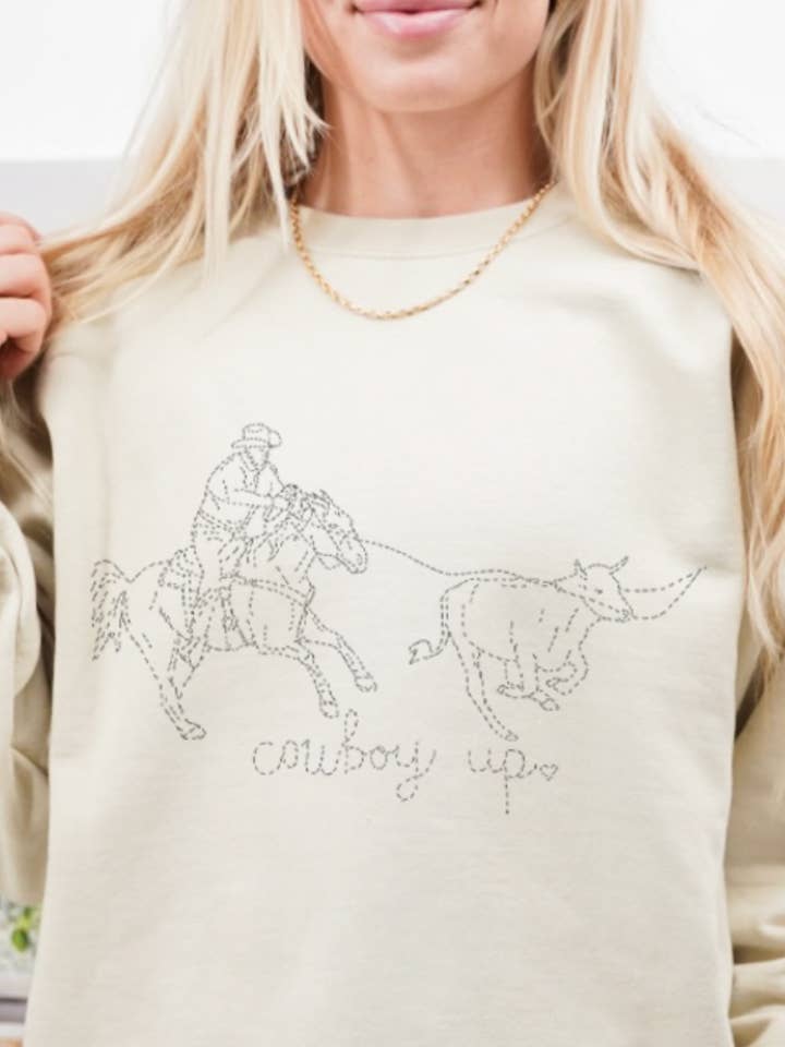 Cowboy Up Tan Sweatshirt for wholesale by Magnolia Ranch Originals