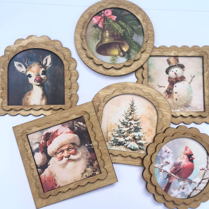 3x3 Magnets set/6 Vintage Style Christmas, Rudolph, Santa for wholesale by Graphically Speaking Design