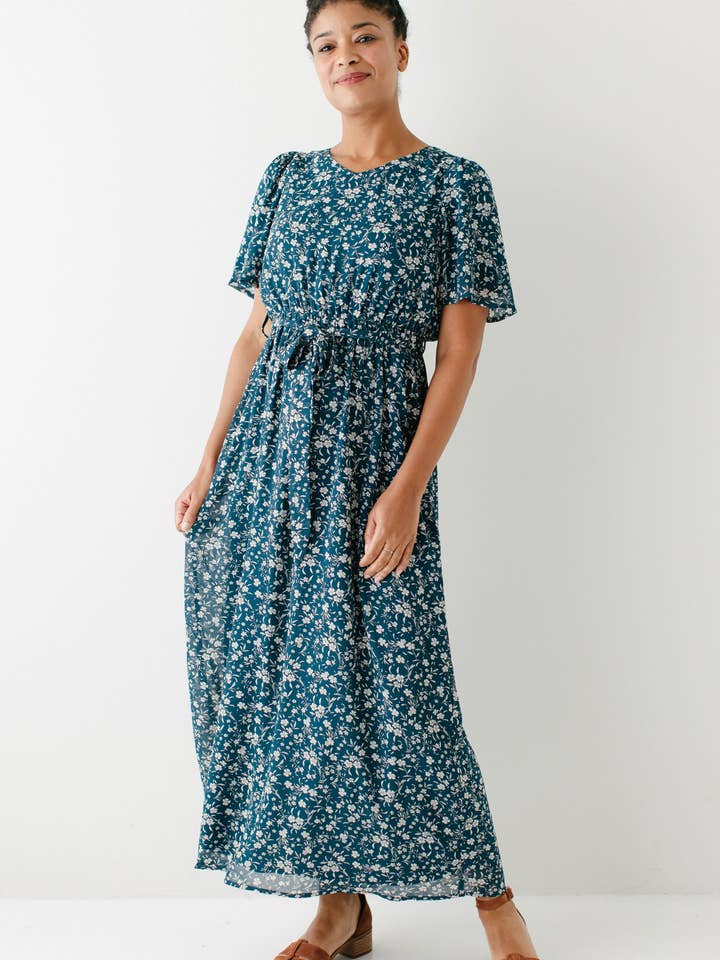 Deep Teal 'Esther' Floral Print Maxi Dress FINAL SALE for wholesale on Faire