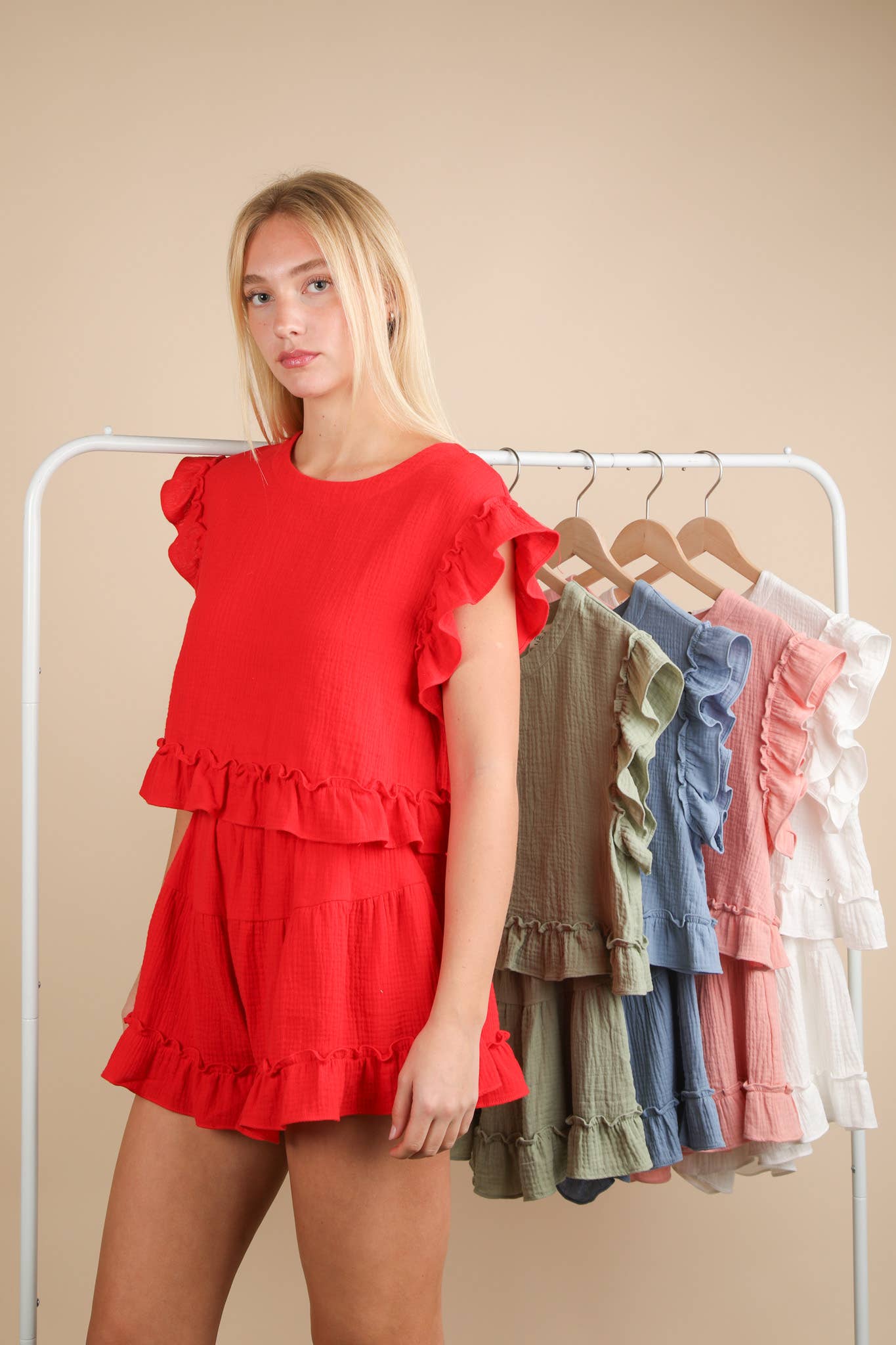 VERY J - Wholesale Top & Short Set (NOT Loungewear) - Women's - NT12150SET-Ruffled Solid Woven Top & Shorts Set17