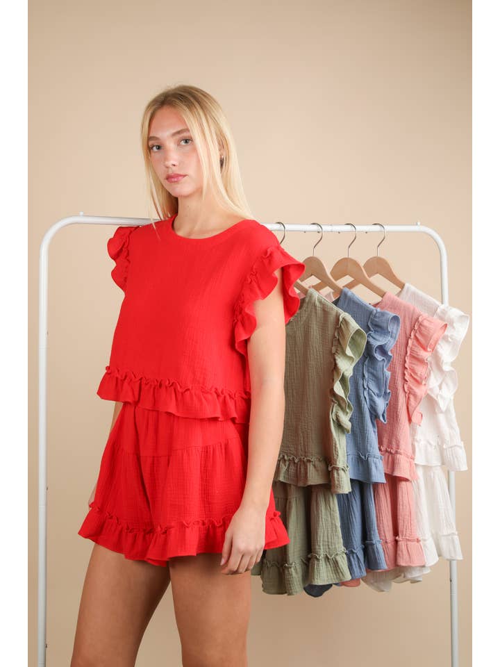 VERY J - Wholesale Top & Short Set (NOT Loungewear) - Women's - NT12150SET-Ruffled Solid Woven Top & Shorts Set17