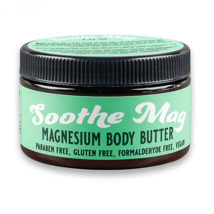 Extra Strength Soothe Magnesium Body Butter 4oz (Original formula) for wholesale by Sage Work Organics Inc.