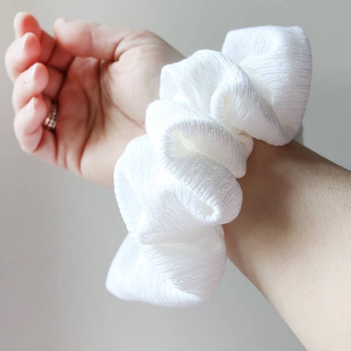 Petal & Posy - Wholesale Scrunchie - Women’s - Super Fluff Pointelle Knit Scrunchie in Cloud or Strawberry2