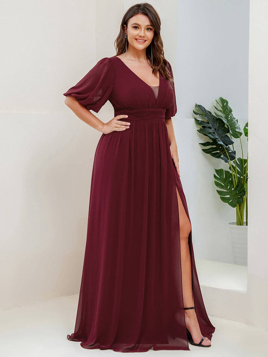 Ever-Pretty - Wholesale Gown - Women's - Plus Deep V Neck A Line Half Puff Sleeves Bridesmaid Dress5