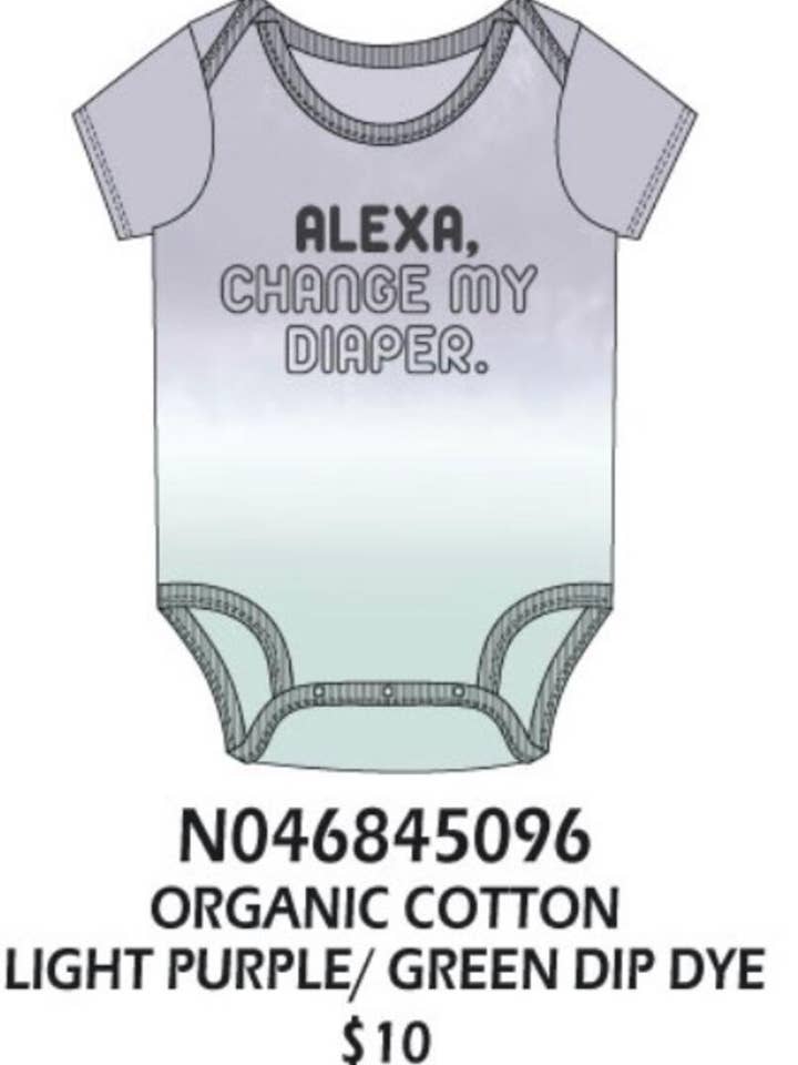 Alexa Change My Diaper Dip Dye Onesie for wholesale by Rainbow and Rocket