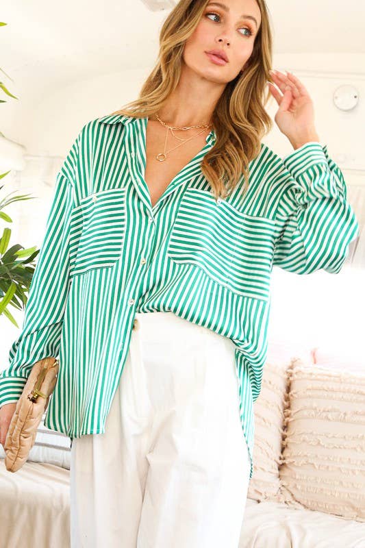 Vine & Love - Wholesale Button Down Shirt - Women's - Collar Neckline Pocket Detail Striped Satin Shirt VT8131416