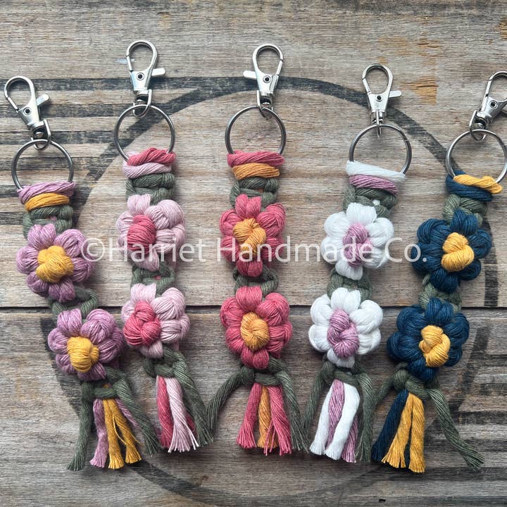 Daisy Chain Flower Macramé Keychain – Olive Base Variety Mix for wholesale by Harriet Handmade Co.