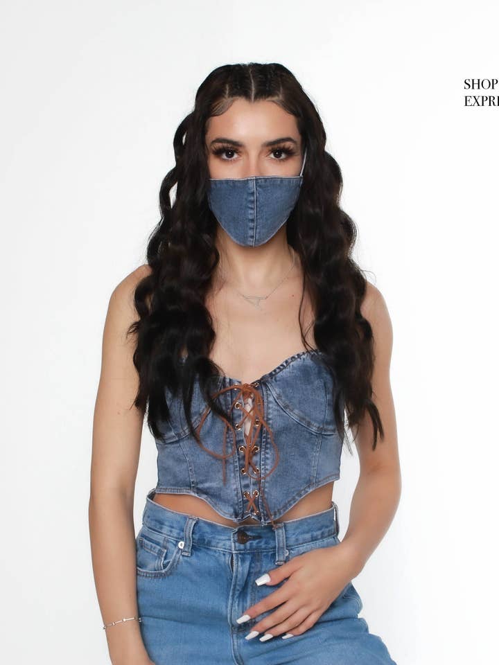 Jeaned ut korsett beskära topp + matchande mask för wholesale av Expressionz Runway