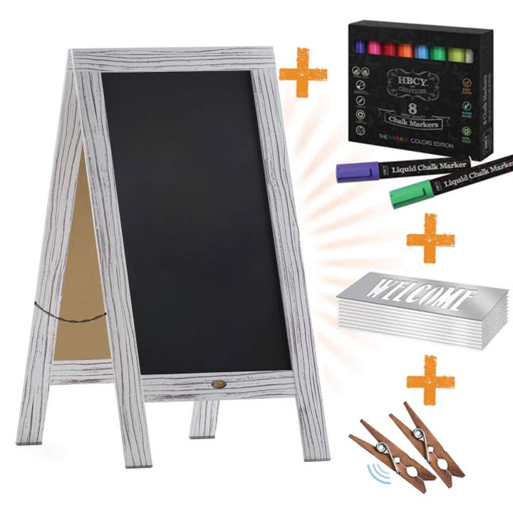 White Wash HBCY Whitewashed Wood A-Frame Magnetic Chalkboard Set for wholesale on Faire