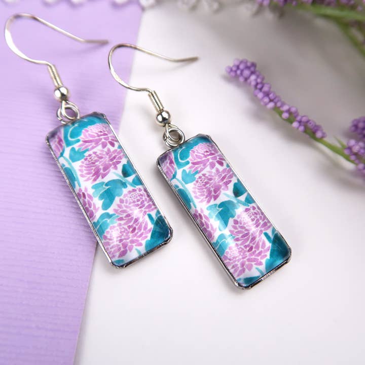 Loretta Belle Art - Wholesale Dangle Earrings - Purple Chrysanthemum Flowers - Glass Pendant Earrings1