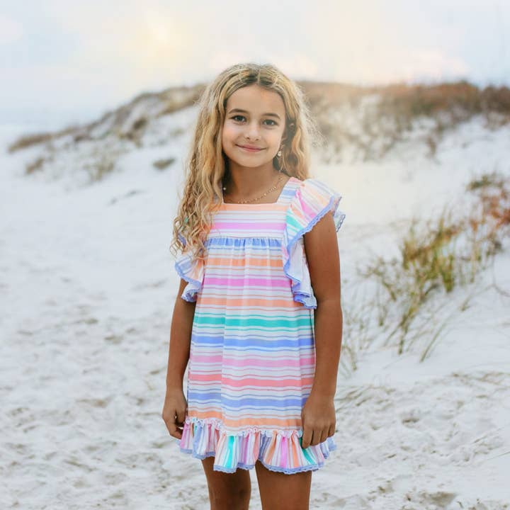 Wren & James - Wholesale Dress - Kids - Girls Pastel Rainbow Stripe Ruffles & Lace Spring Dress
