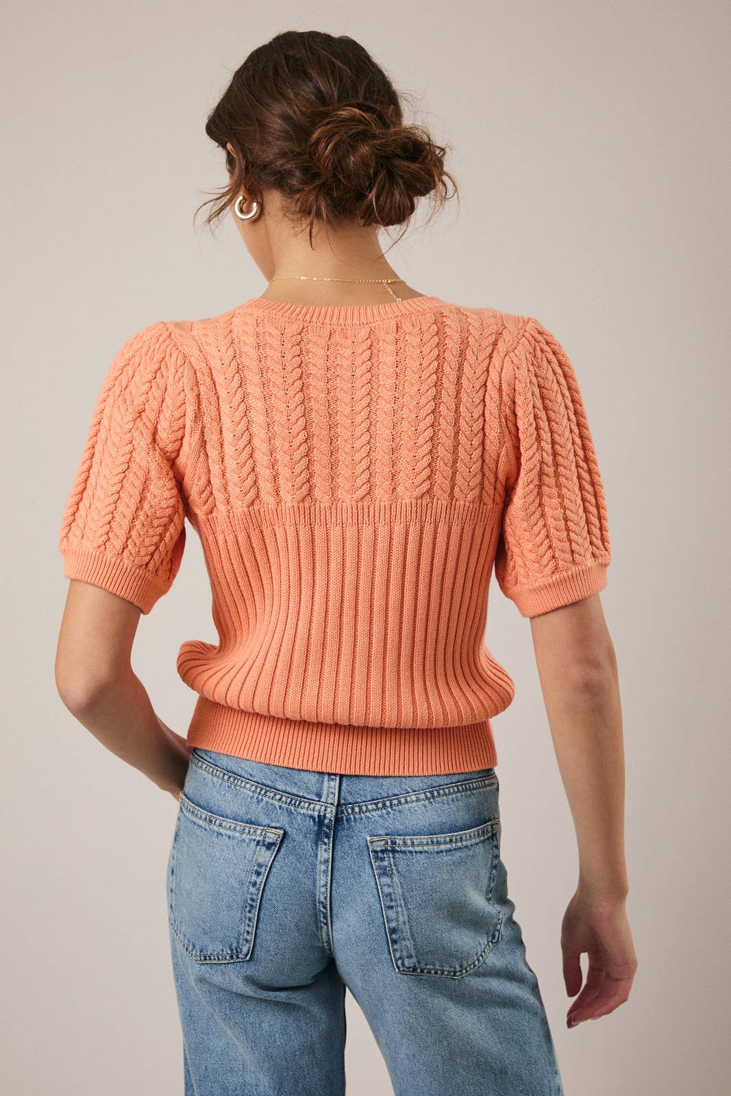 Sunday Edition by LE LIS - Wholesale Knit Sweater - Women's - ROUND NECK PUFF SHORT SLEEVE CABLE SWEATER18