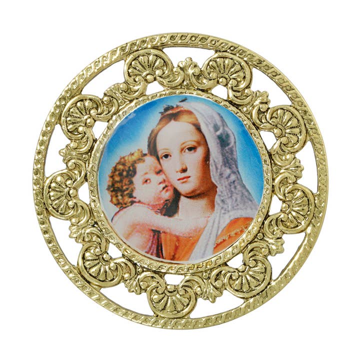 Épinglette ronde en filigrane Symbols Of Faith avec Marie et Enfant pour la vente par 1928 Jewelry