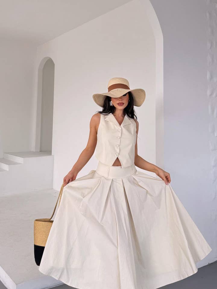 Dames Linnen Vest en Maxi Rok Set – Ecru Zomerset voor wholesale door Design company-Fatma Balkir