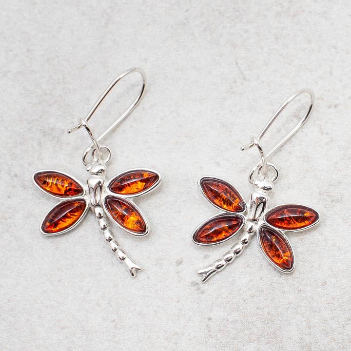Orecchini a forma di libellula in ambra baltica, orecchini a forma di libellula in argento per la vendita all'ingrosso da parte di Marcin Waryszak