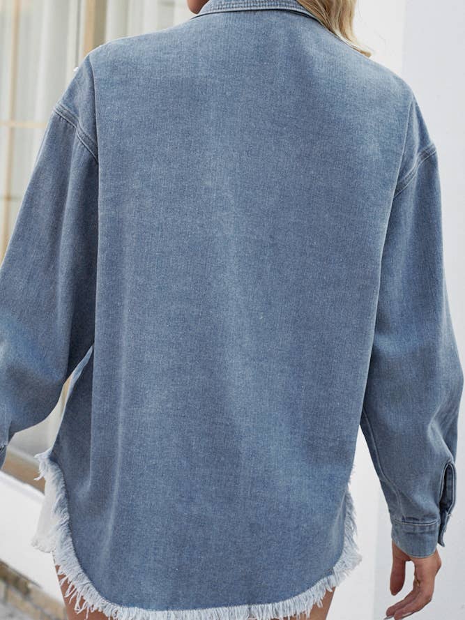 Blue Rhinestone Tassel Button Up Denim Jacket MN49 for wholesale on Faire3